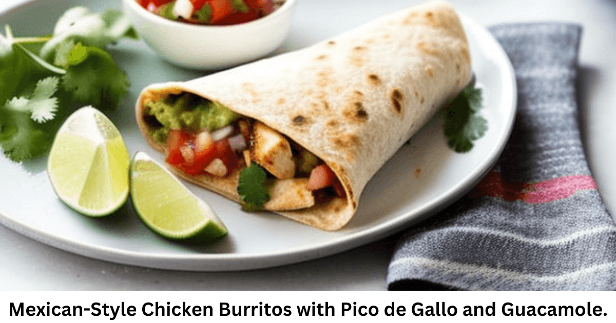 Mexican-Style Chicken Burritos with Pico de Gallo and Guacamole.